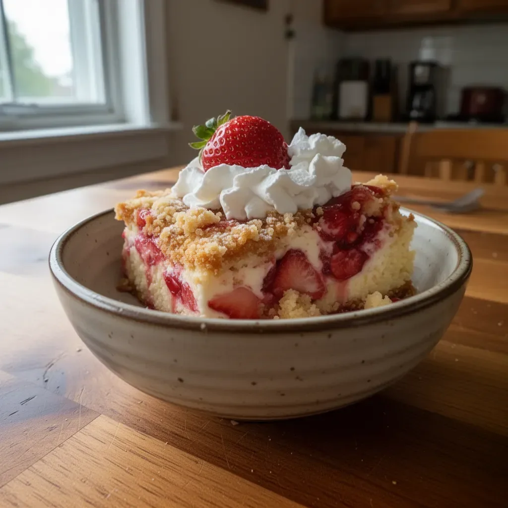 Delicious strawberry cheesecake dump cake topped with fresh strawberries.
