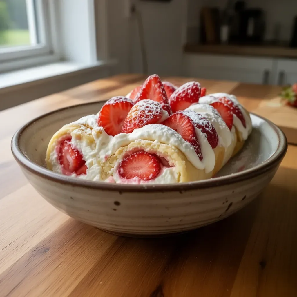 Delicious strawberry cheesecake rolls with cream cheese and fresh strawberries