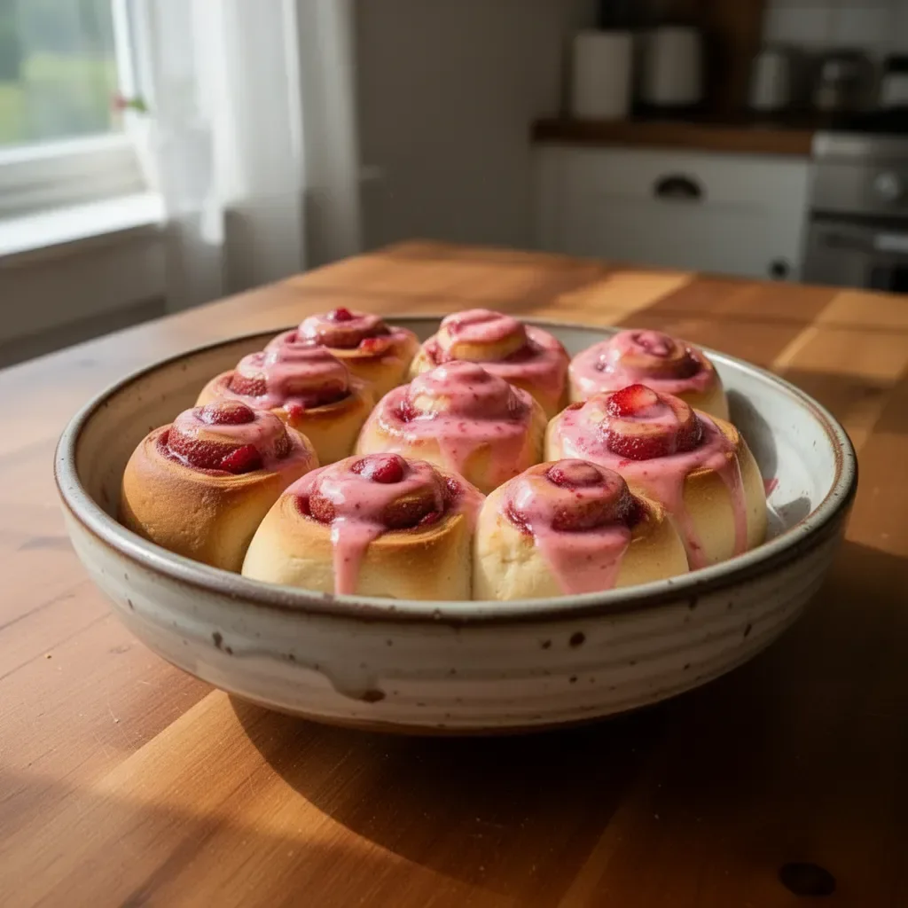 Freshly baked strawberry cinnamon rolls with icing on a wooden table