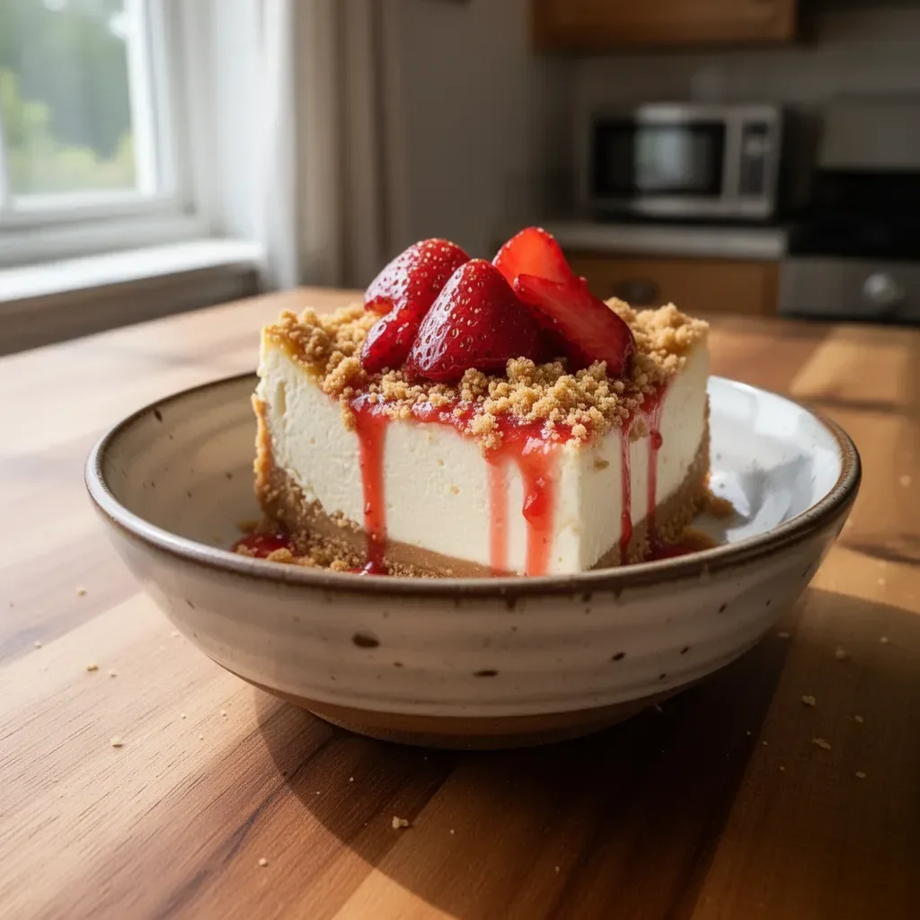 Slice of Strawberry Crunch Cheesecake topped with fresh strawberries and cookie crumbs.