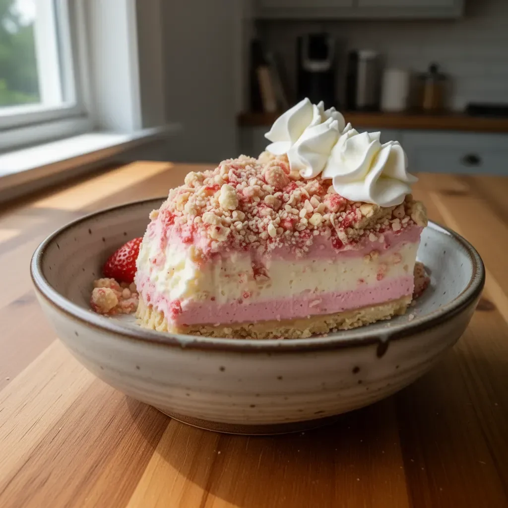 Delicious strawberry crunch cheesecake with creamy layers and crunchy topping