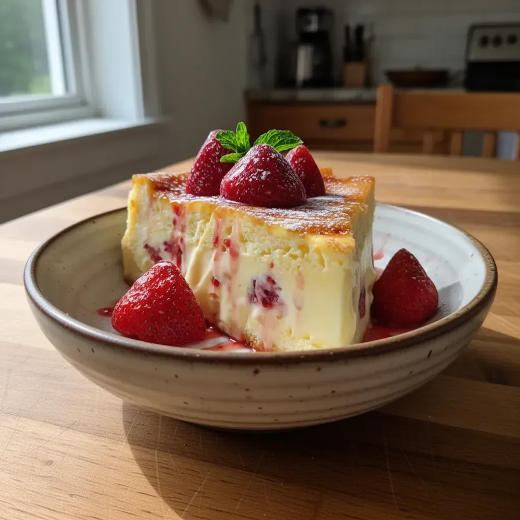 Slice of Strawberry Custard Cake with fresh strawberries and creamy custard filling