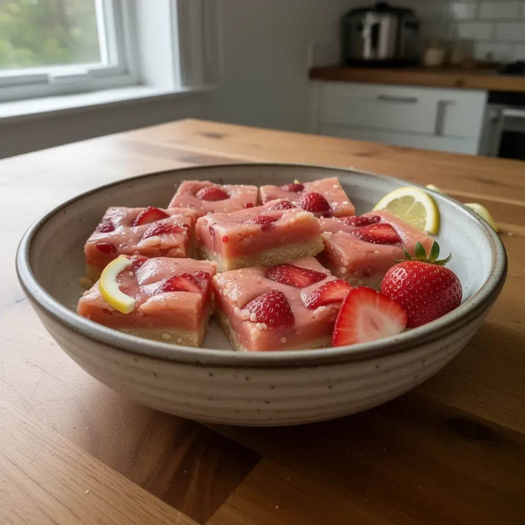 Strawberry lemon bars on a plate with a shortbread crust.