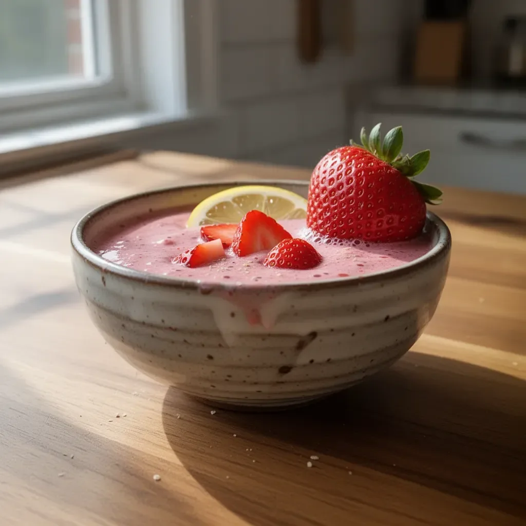 Delicious strawberry lemon smoothie in a glass with fresh strawberries and lemon slices