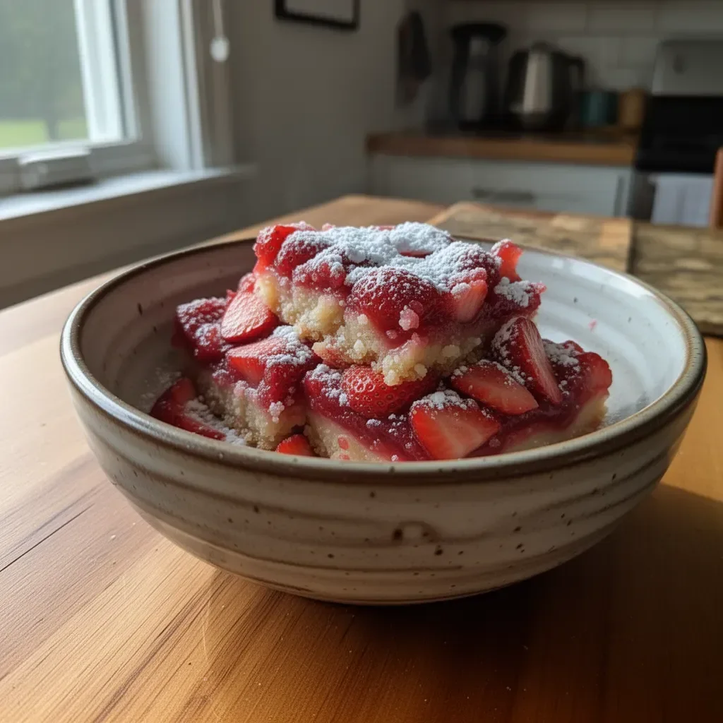 Freshly baked strawberry pie bars on a white plate, garnished with mint leaves.
