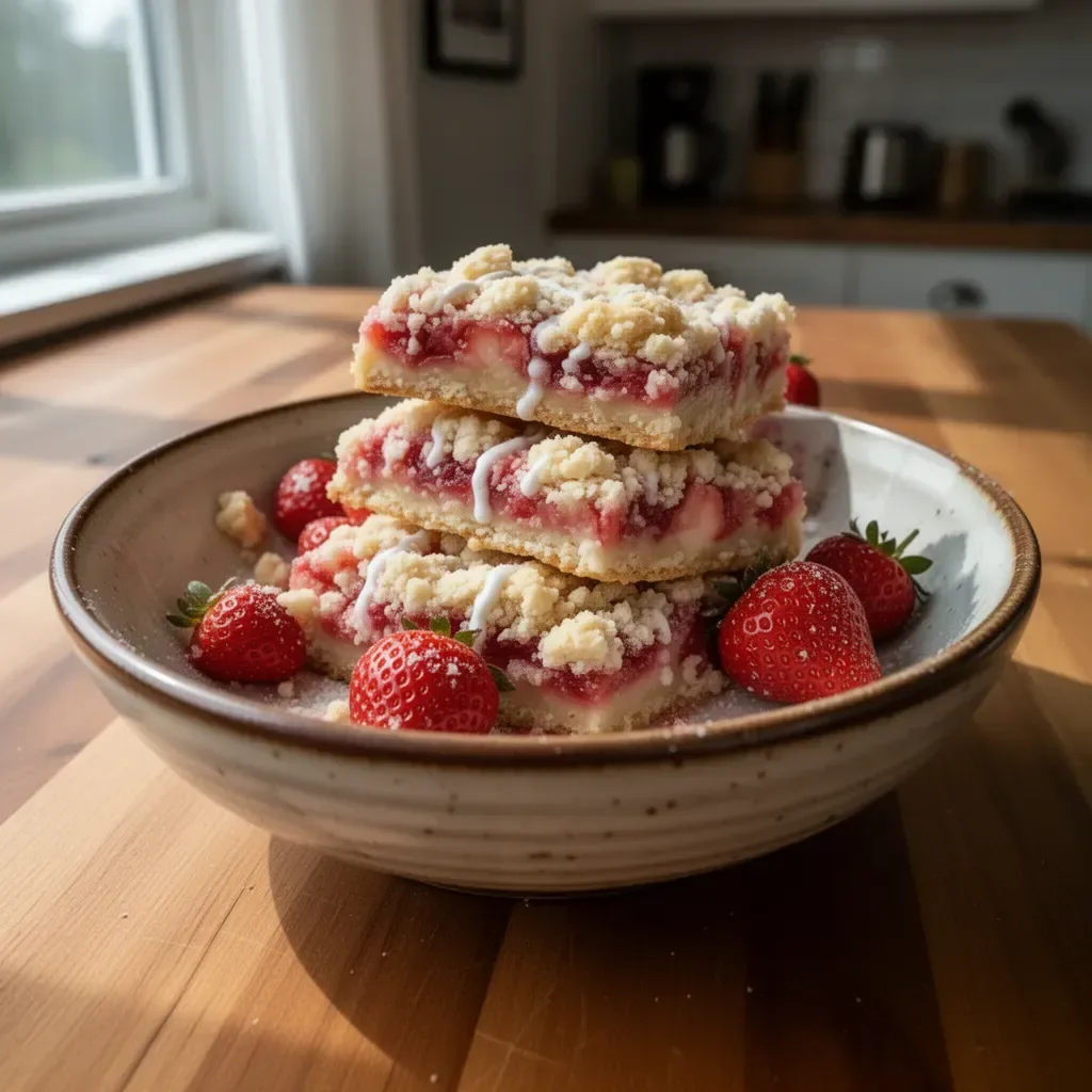 Delicious strawberry shortcake bars topped with fresh strawberries and whipped cream.