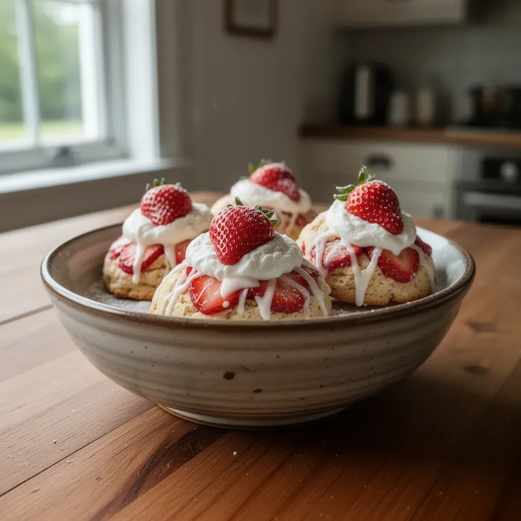 Delicious Strawberry Shortcake Cookies topped with fresh strawberries and whipped cream.