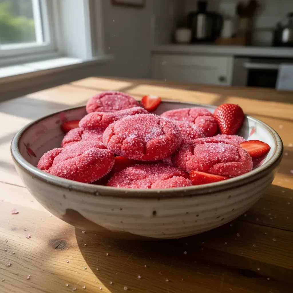 Delicious strawberry sugar cookies with sparkling strawberry sugar topping
