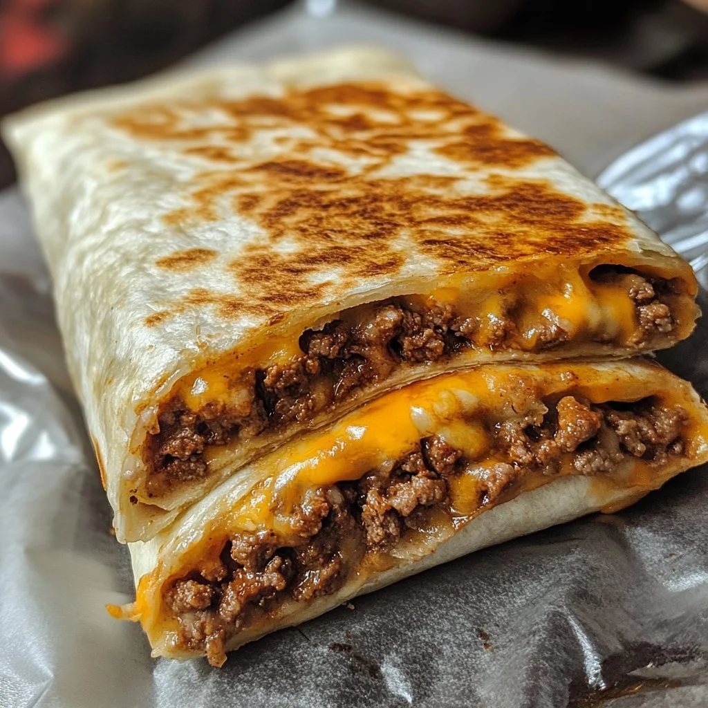 Taco Bell Beefy Melt Burrito with beef, cheese, and sauce in a warm tortilla