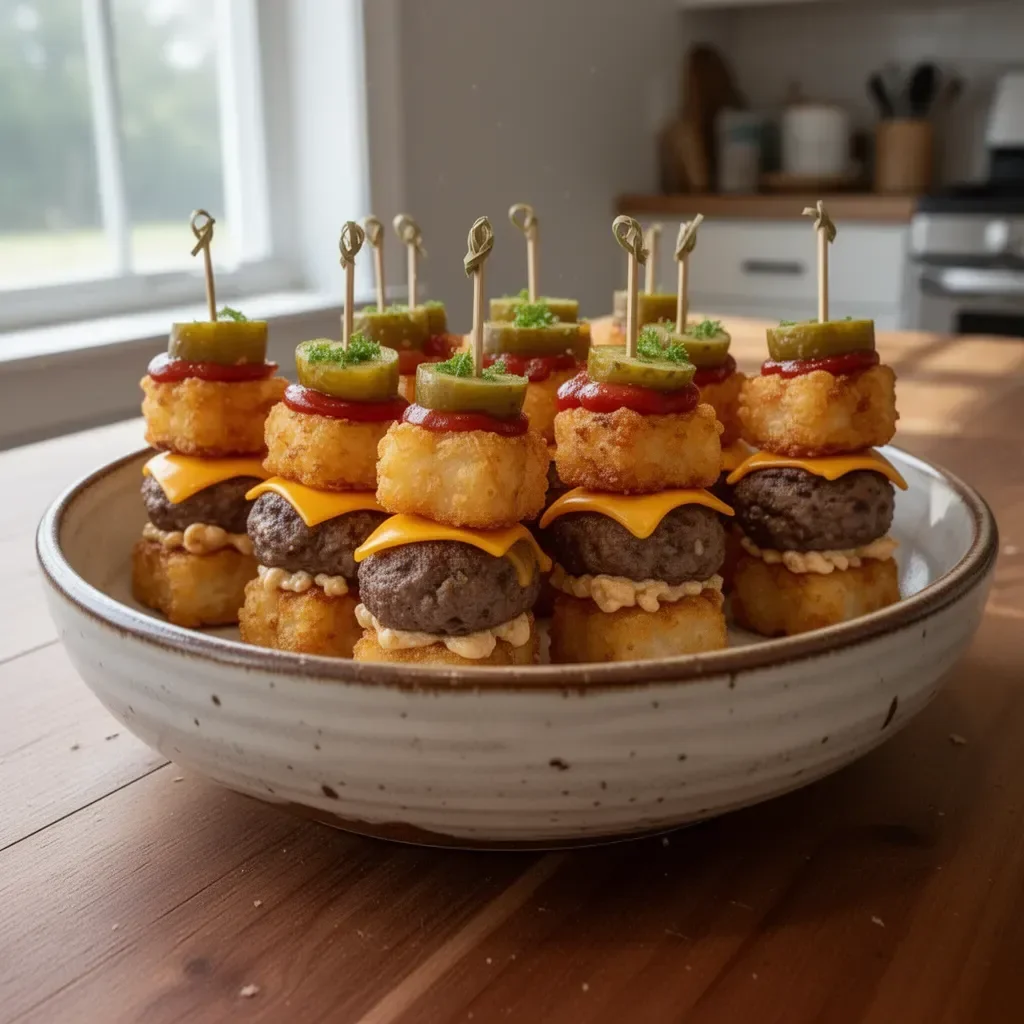 Tasty Tater Tot Mini Cheeseburger Bites served as appetizers