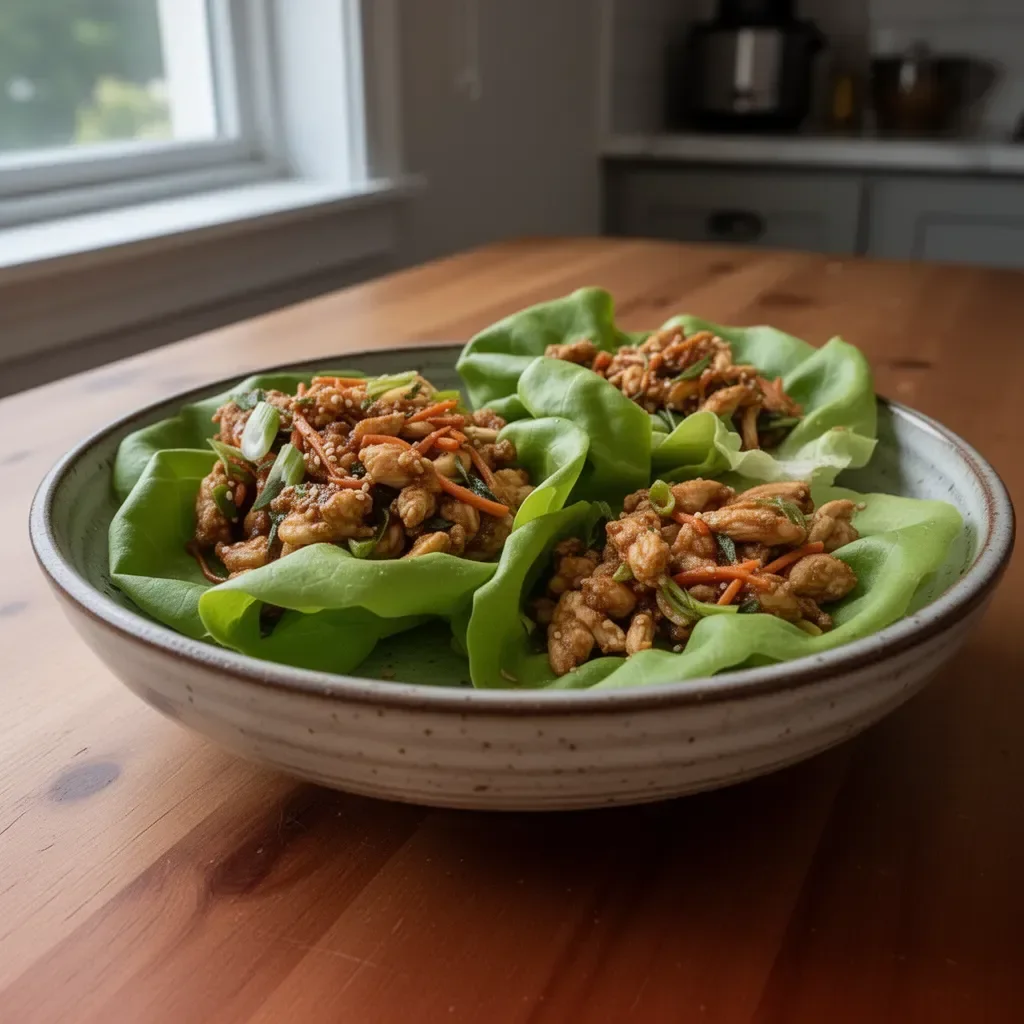 A plate of Thai Chicken Lettuce Wraps garnished with herbs and sauce.