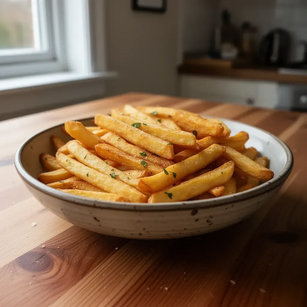 Crispy homemade French fries served in a rustic bowl.
