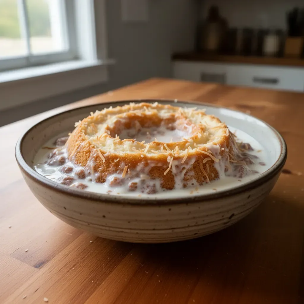 Toasted Coconut Tres Leches Pound Cake topped with toasted coconut flakes