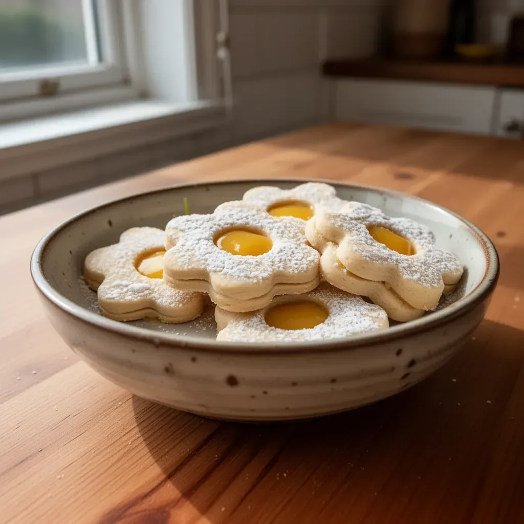 Vegan lemon curd shortbread cookies on a plate