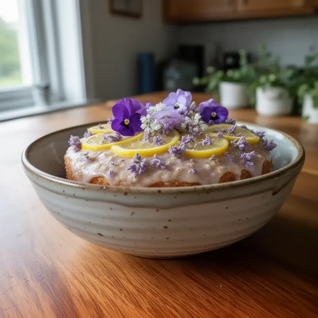 Slice of Vegan Lilac Lemon Cake garnished with edible flowers and lemon slices
