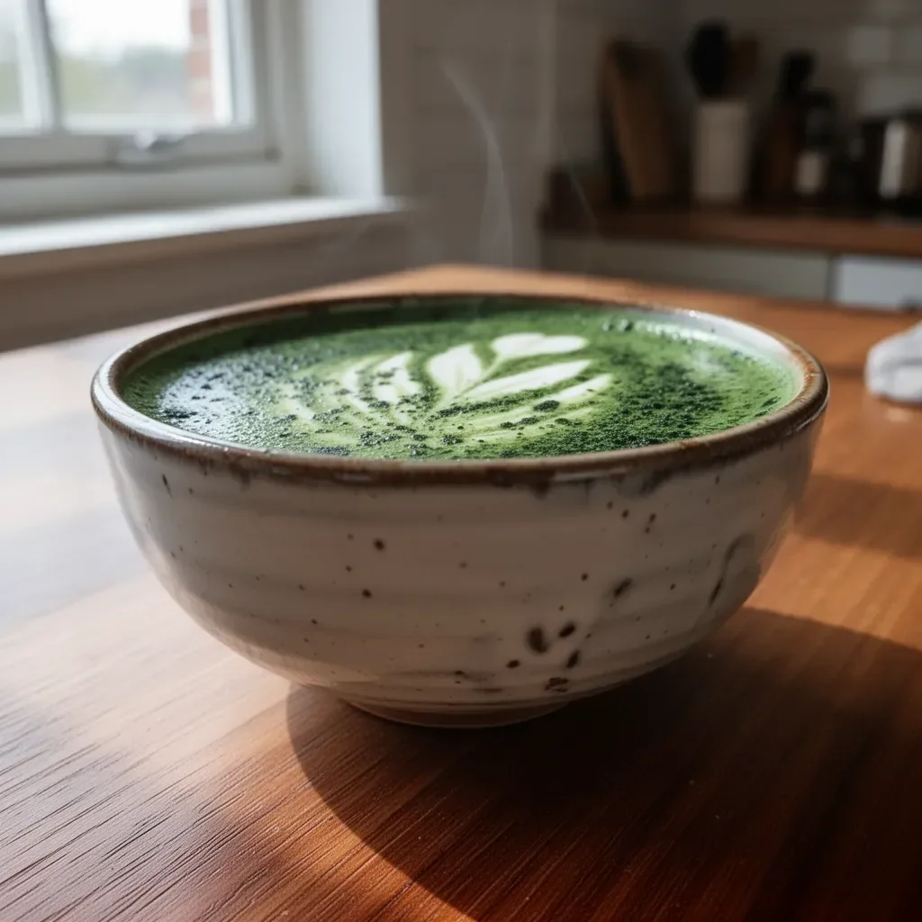 Vegan spirulina latte in a cup, showcasing a vibrant green color and healthy ingredients.