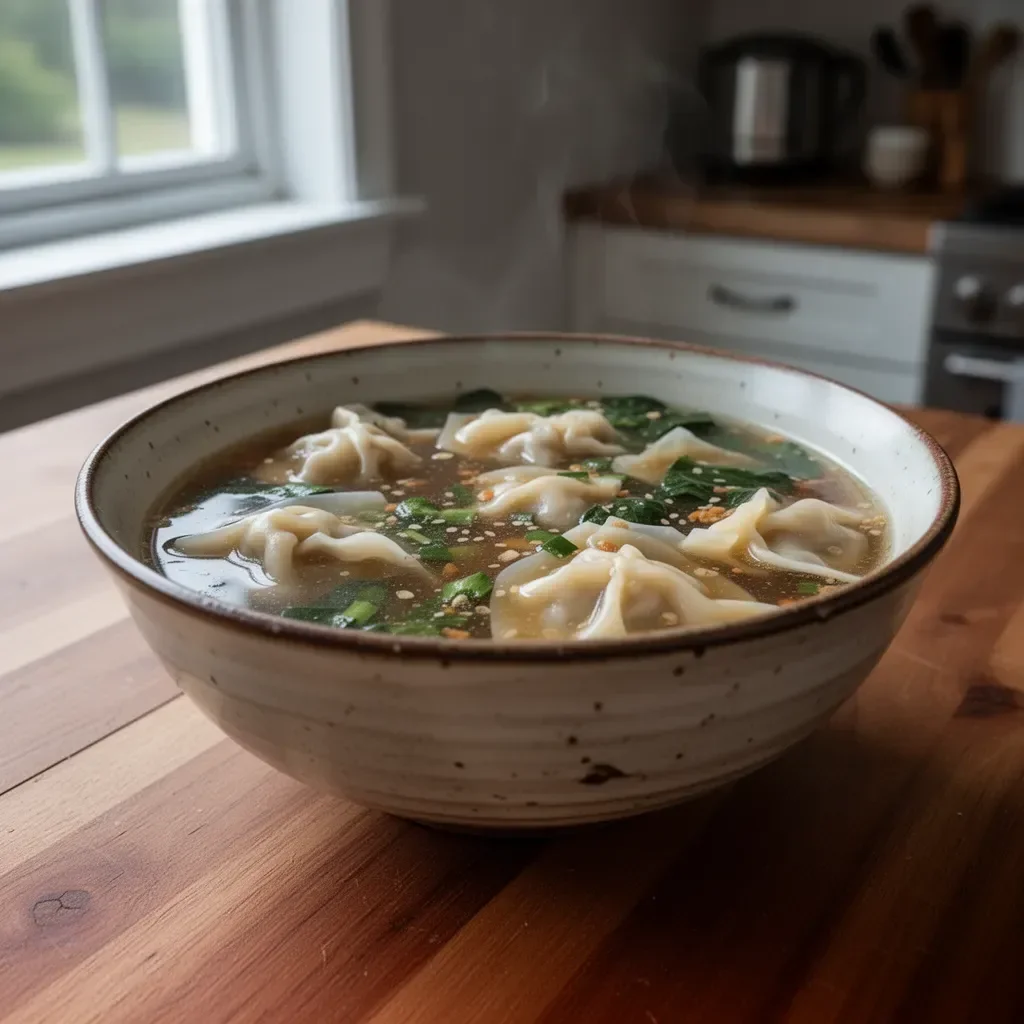Bowl of warm and comforting homemade wonton soup with fresh ingredients