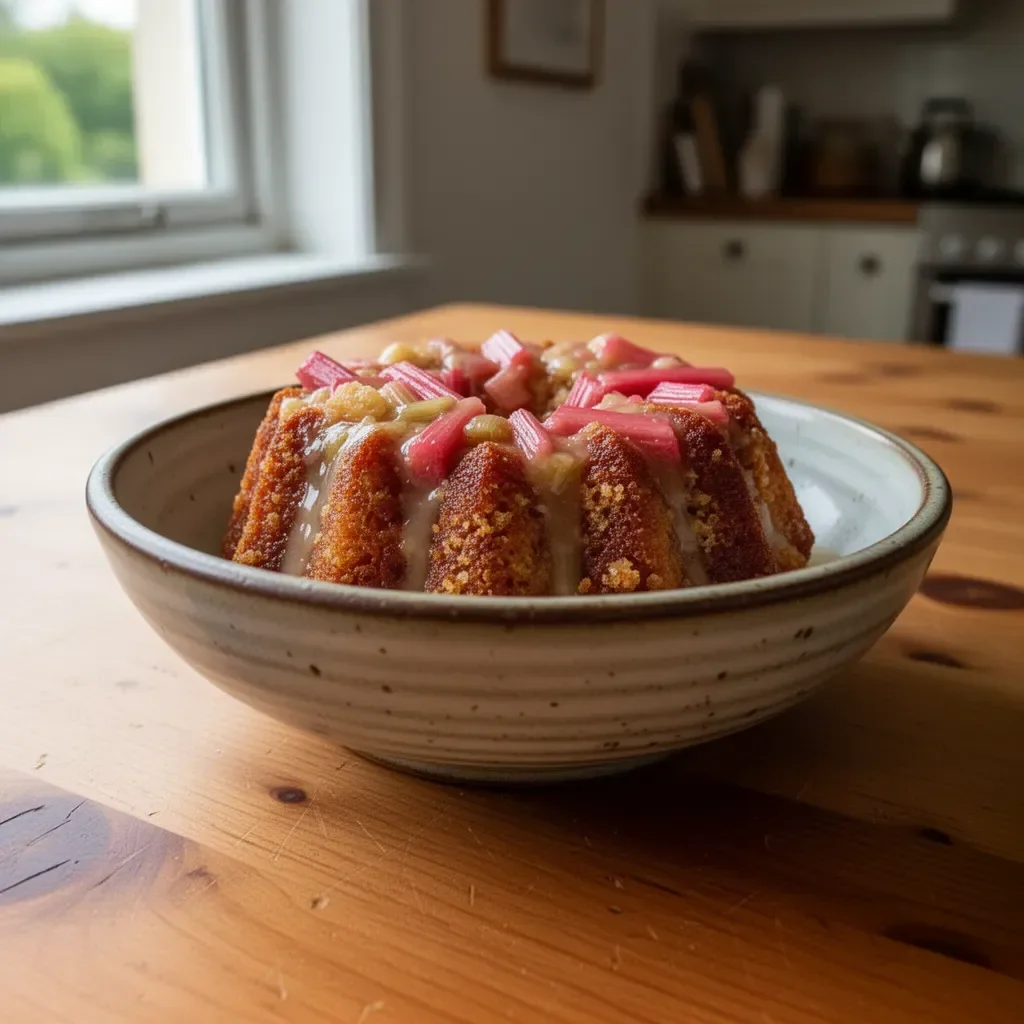 Warm rhubarb cake served with creamy butter sauce, a delightful dessert treat.