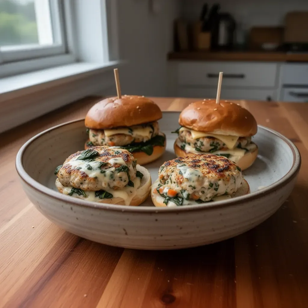 Delicious white cheddar and spinach chicken burgers served on a plate