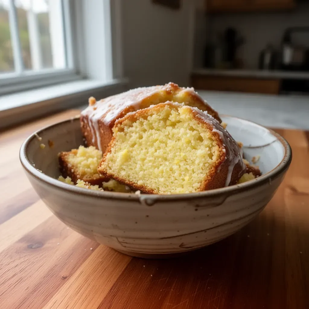 Zesty lemon loaf with fresh lemon glaze and slice on a plate