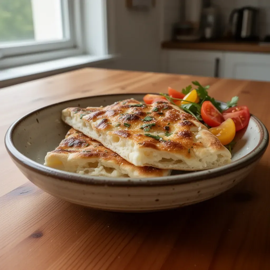 A plate of 2 ingredient cottage cheese flatbread topped with fresh herbs.