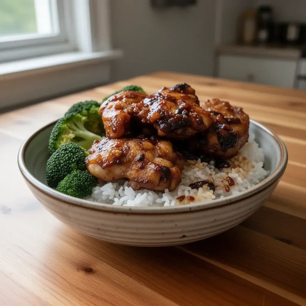 Pan fried Korean soy garlic chicken thighs garnished with sesame seeds and herbs.