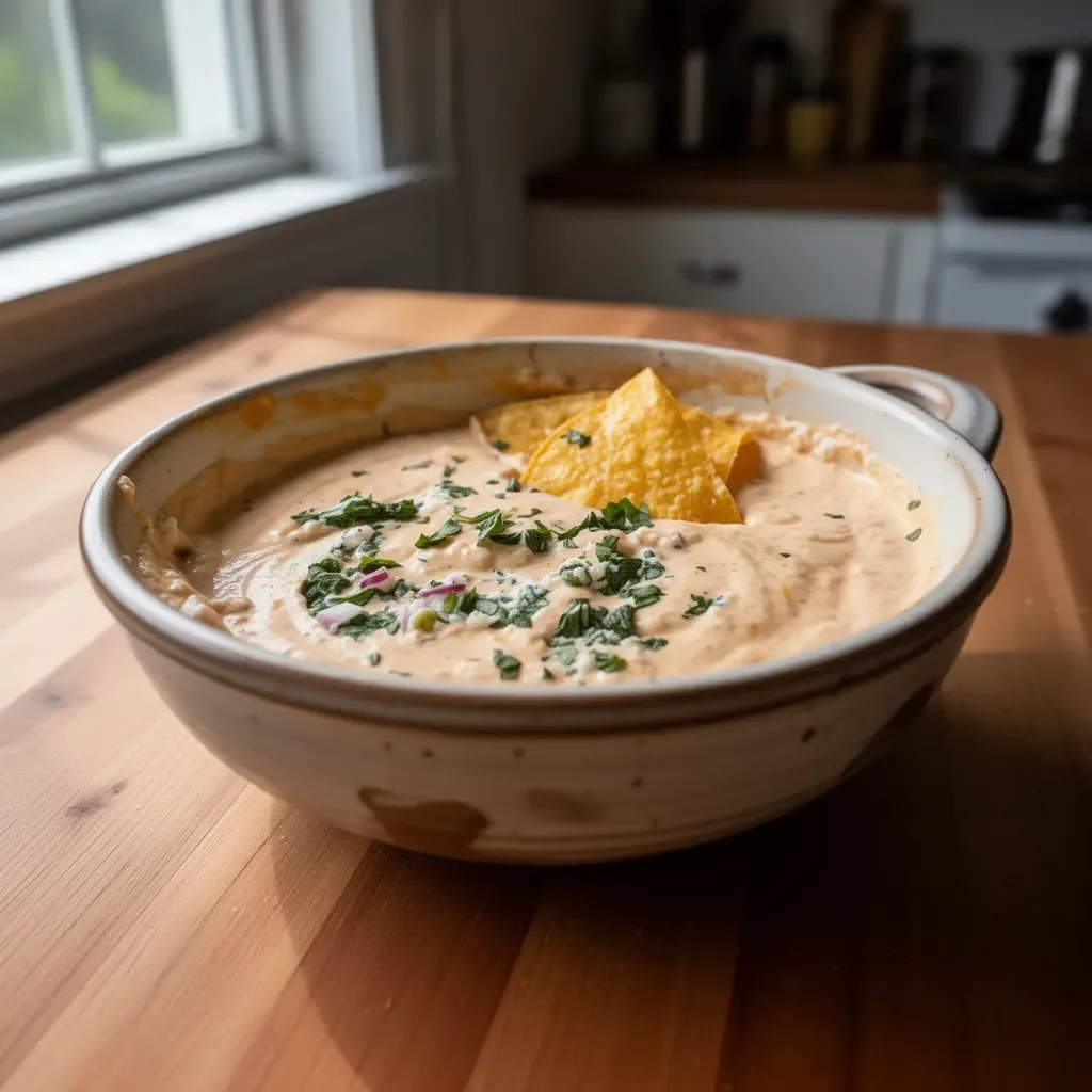 3-Ingredient cottage cheese queso served in a bowl with tortilla chips