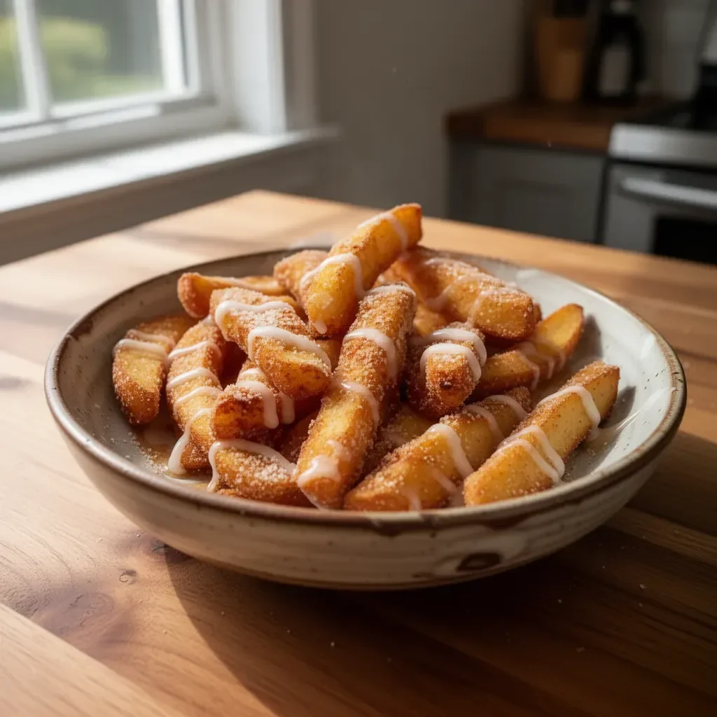 Crispy air fryer apple fries served on a plate with dipping sauce.