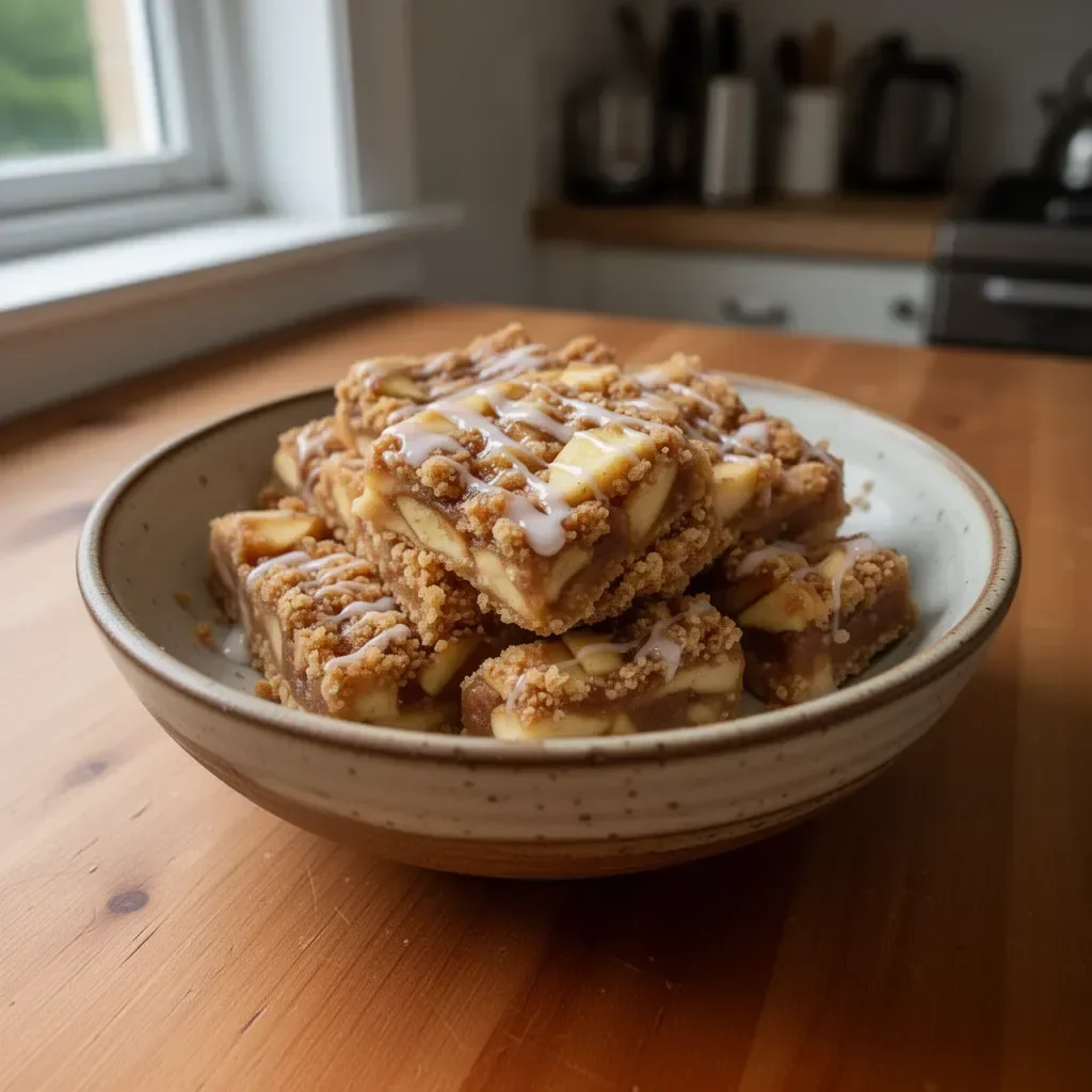 Delicious homemade apple bars topped with cinnamon and served warm.
