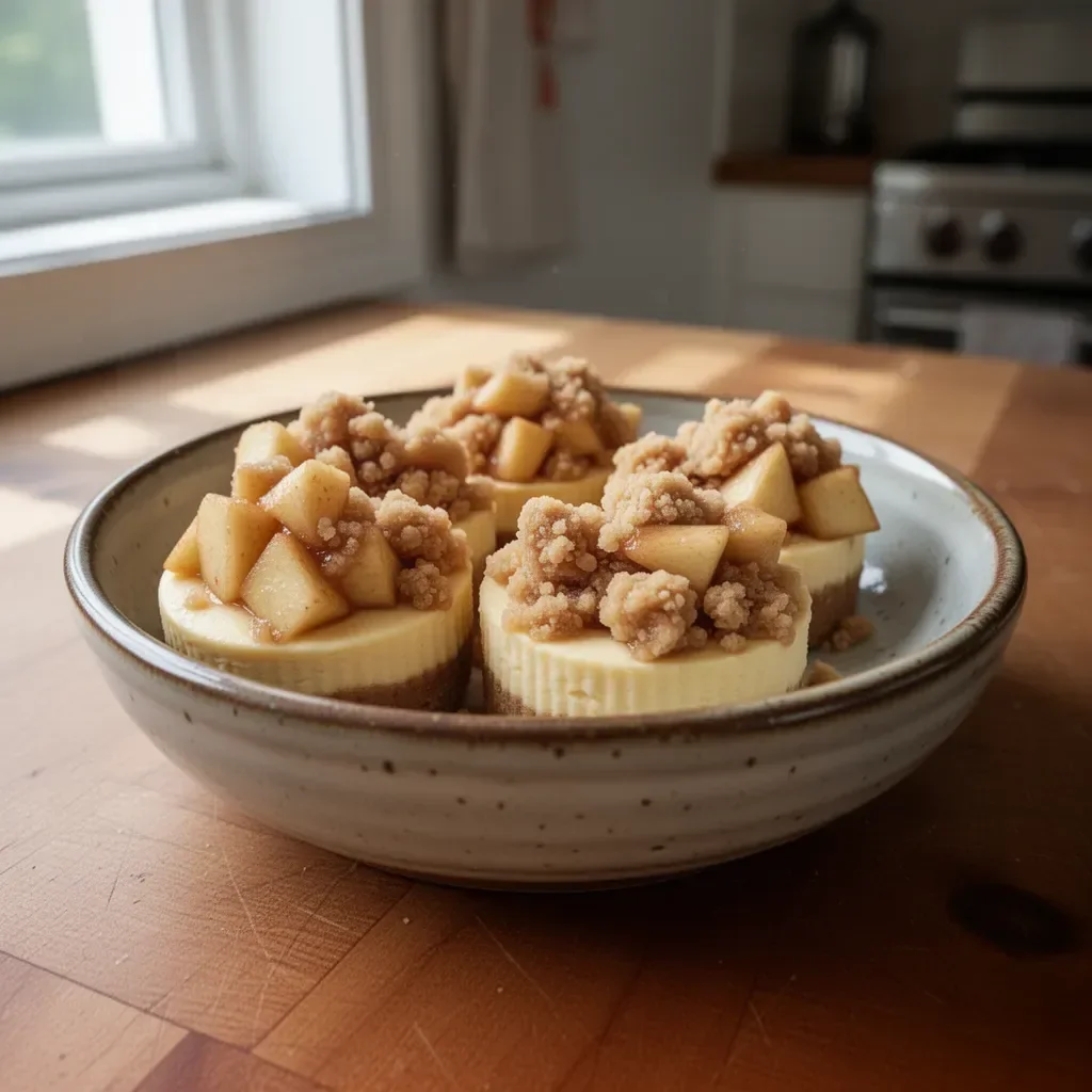 Delicious Apple Crisp Mini Cheesecakes topped with crunchy apple and cinnamon