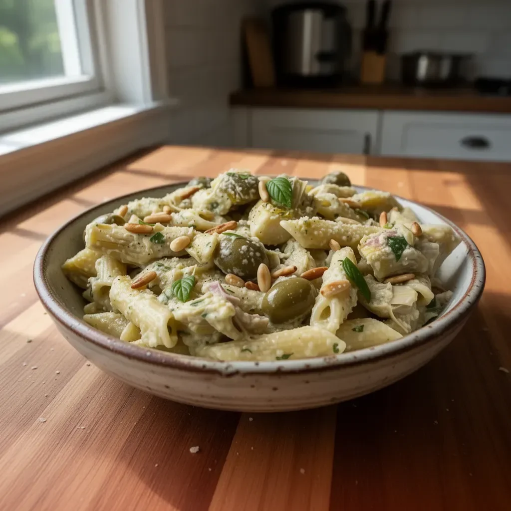 Delicious bowl of creamy Artichoke Pasta garnished with fresh herbs