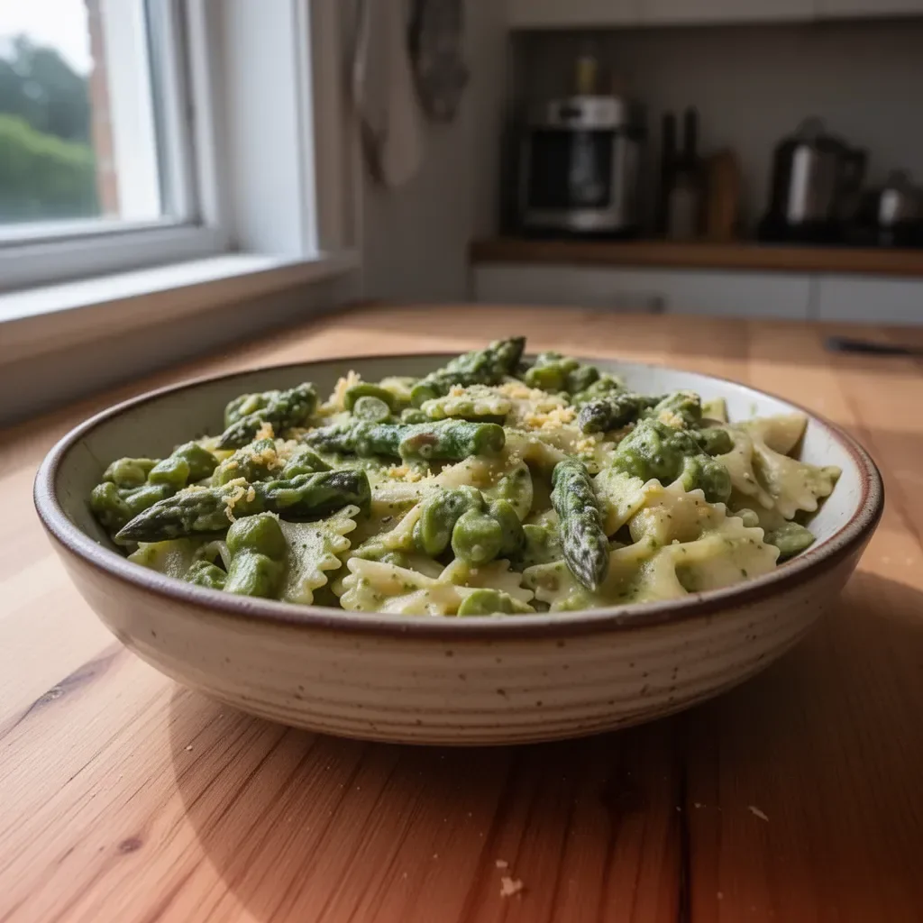 Delicious asparagus pasta dish served with parmesan and herbs