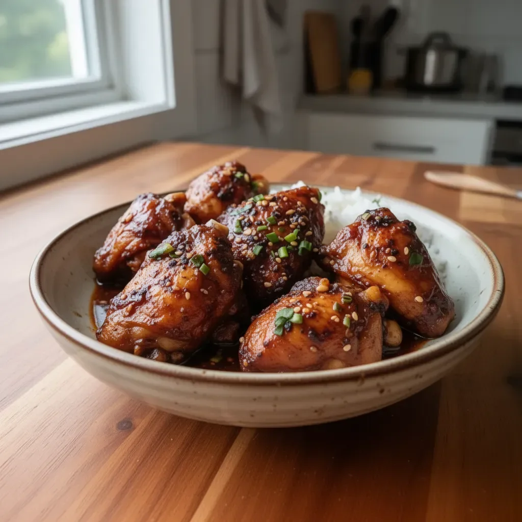 A delicious plate of authentic Filipino Chicken Adobo with herbs and spices.