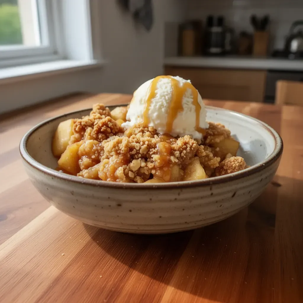 Delicious baked apple crumble with a buttery topping and spiced apple filling