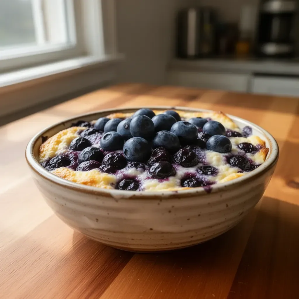 Baked blueberry cottage cheese bowls topped with fresh blueberries and granola