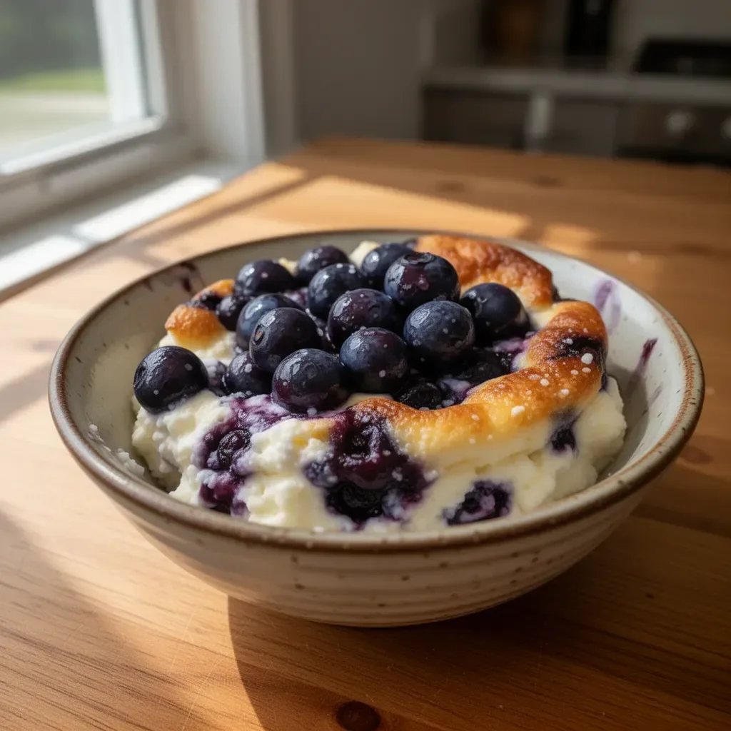 Baked blueberry cottage cheese breakfast bowls topped with fresh blueberries