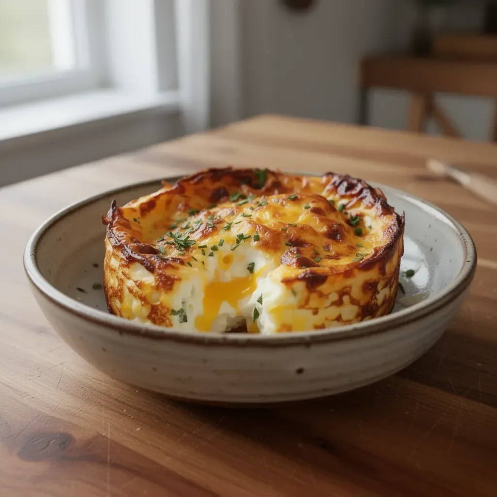Baked Cottage Cheese Eggs served in a dish with herbs on top