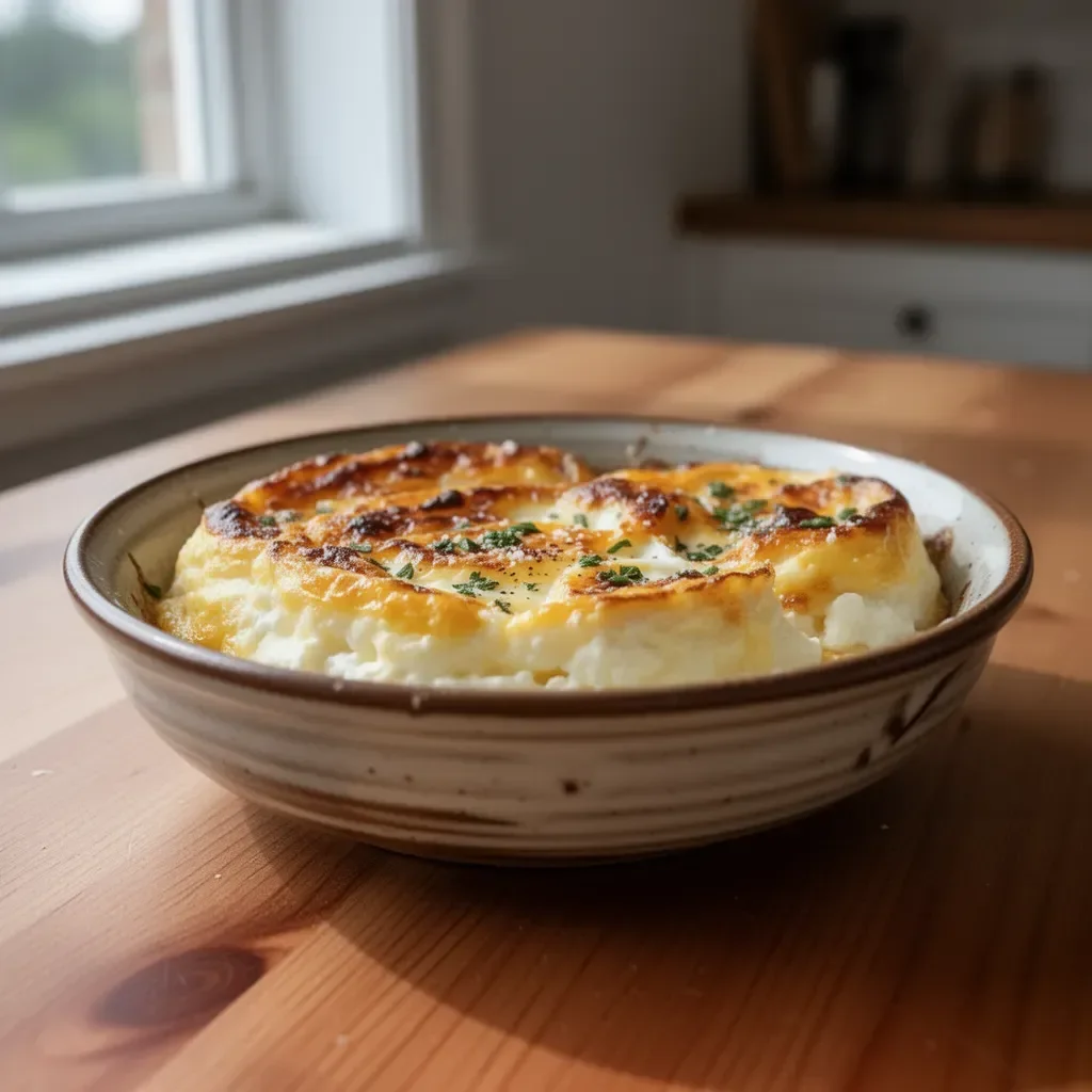 Baked cottage cheese eggs served in a rustic dish with herbs garnish