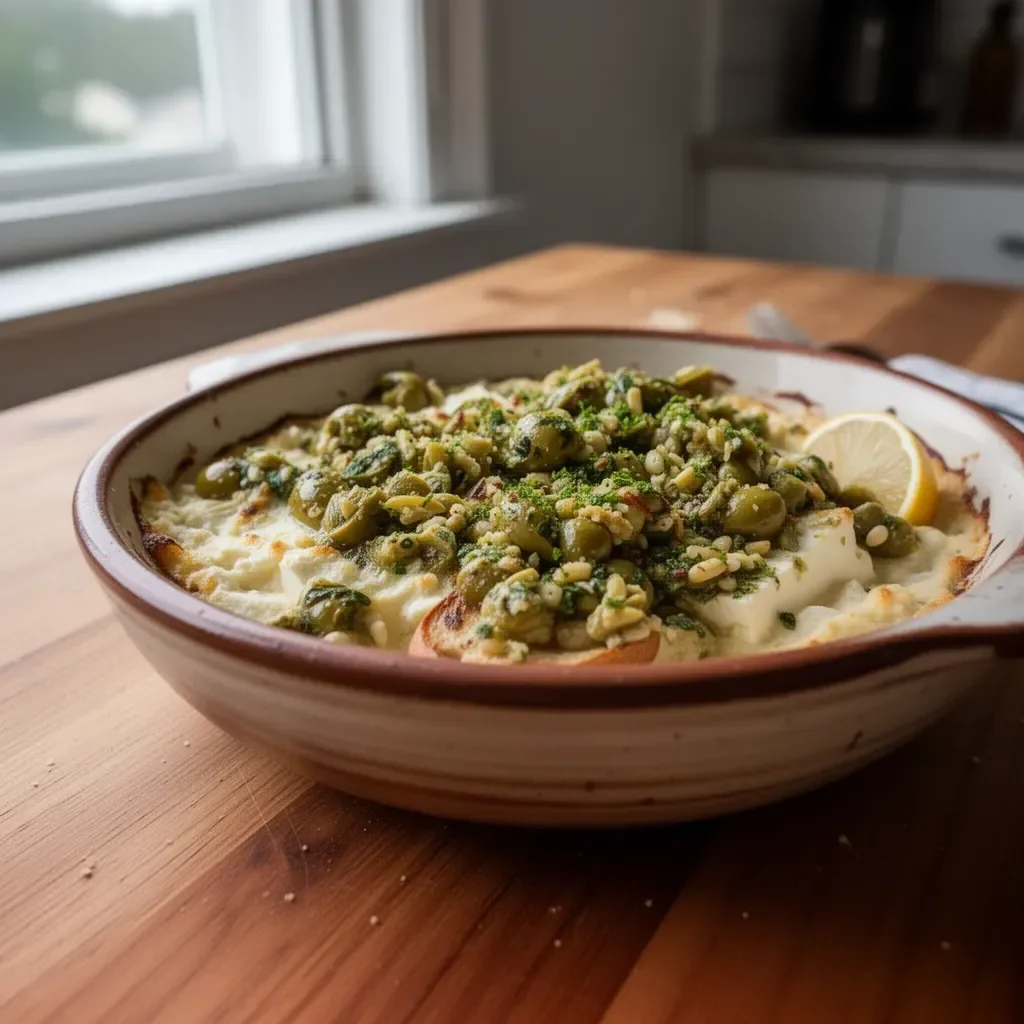 Baked feta dip with artichoke and olive gremolata served in a bowl