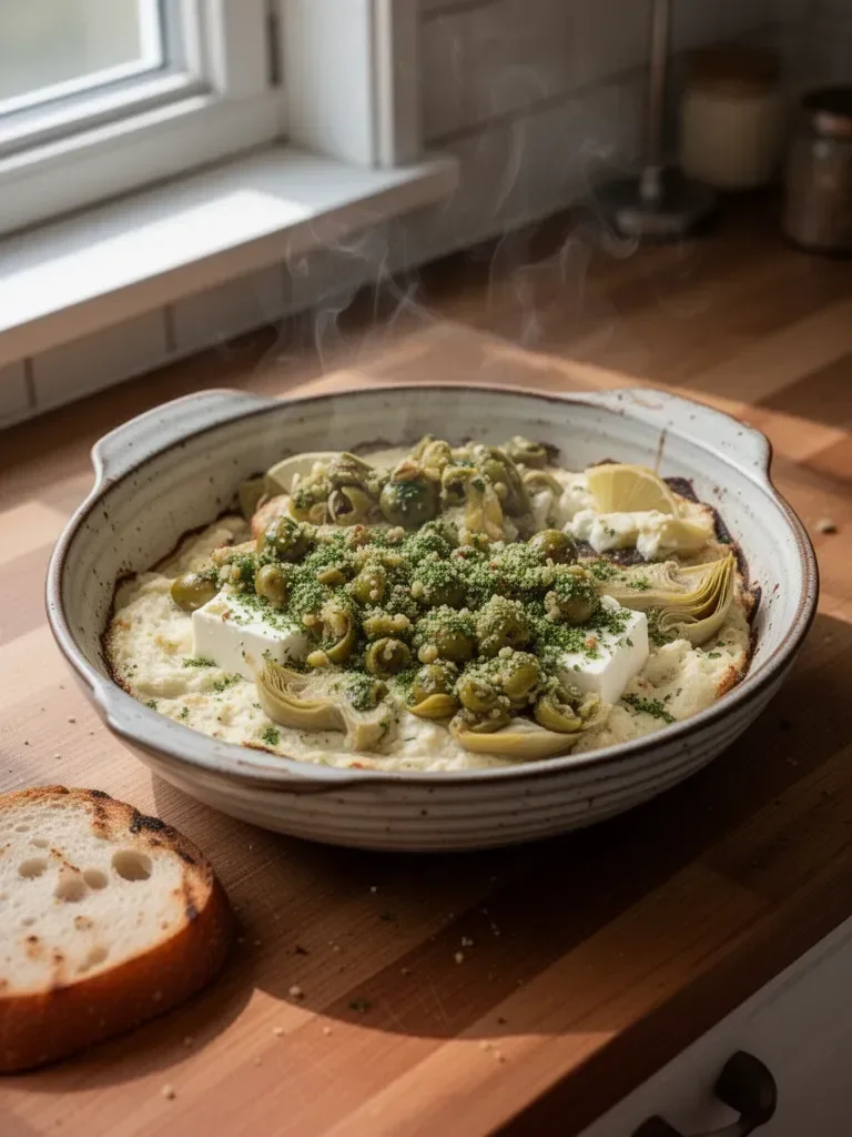 Baked Feta and Artichoke Dip with Olive Gremolata