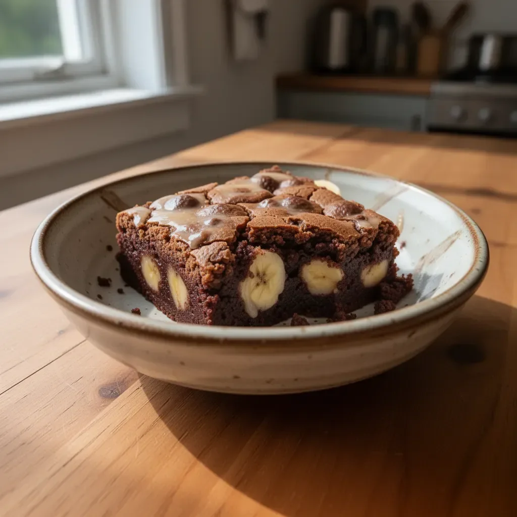 Deliciously moist banana bread brownies served on a wooden plate.