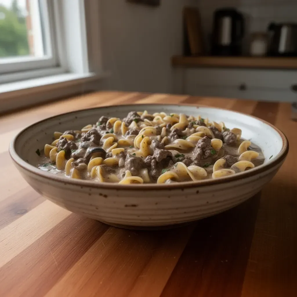 Creamy Beef Stroganoff served over egg noodles with mushrooms and parsley
