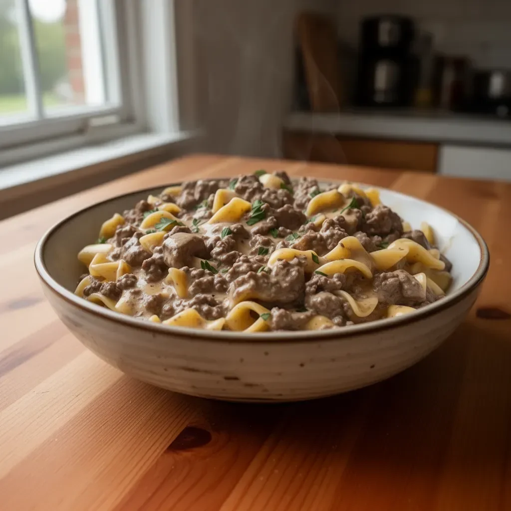 Delicious plate of Beef Stroganoff with ground beef and creamy sauce