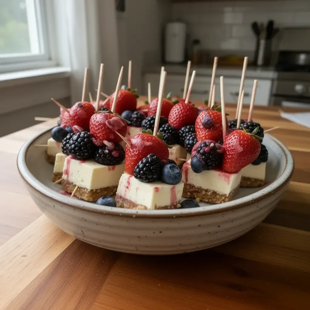 Berry cheesecake dessert kabobs with fresh fruit and creamy cheesecake.