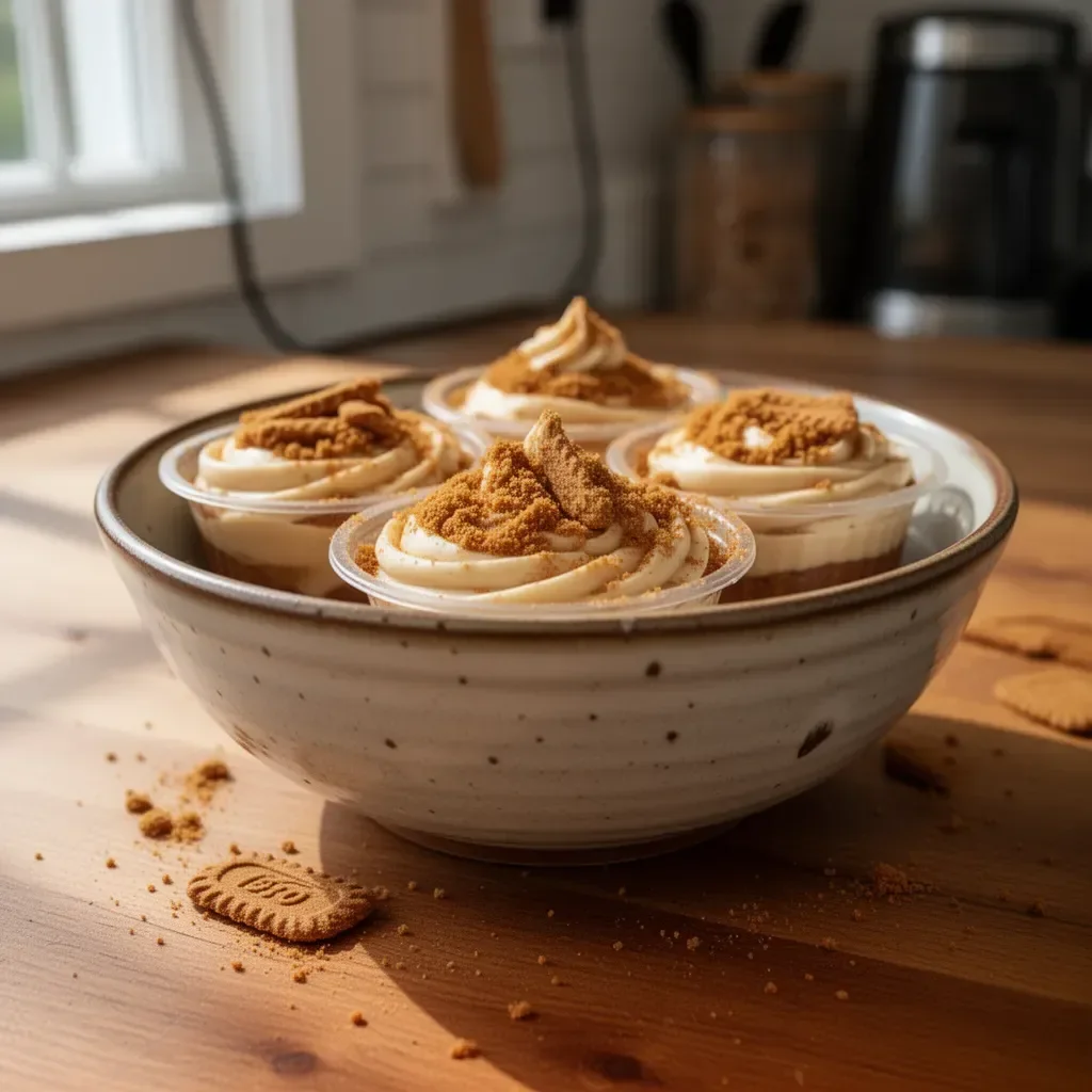Delicious Biscoff dessert cups topped with cookie crumbles and creamy filling.