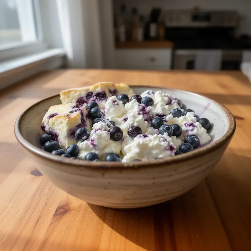 A bowl of blueberry cottage cheese topped with fresh blueberries and granola