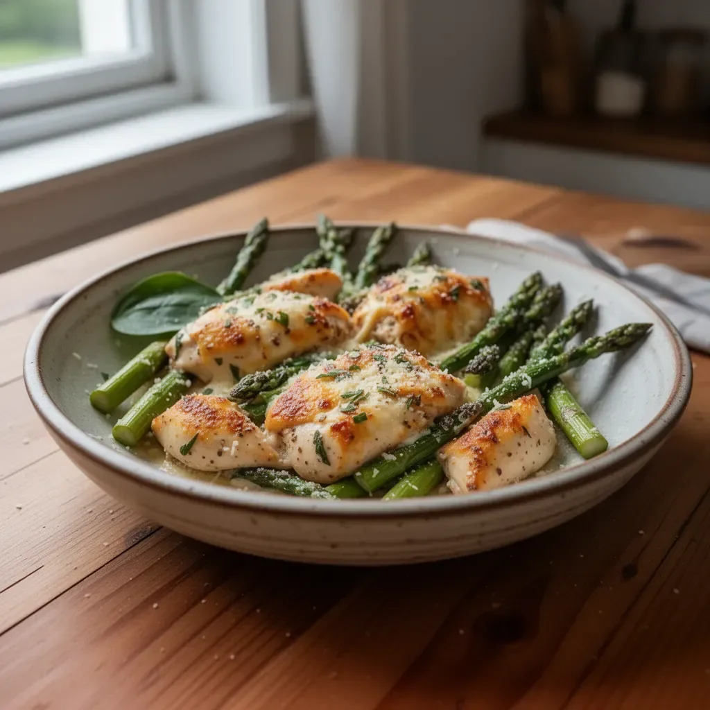 Plate of Caesar Chicken with Asparagus garnished with parmesan cheese and herbs