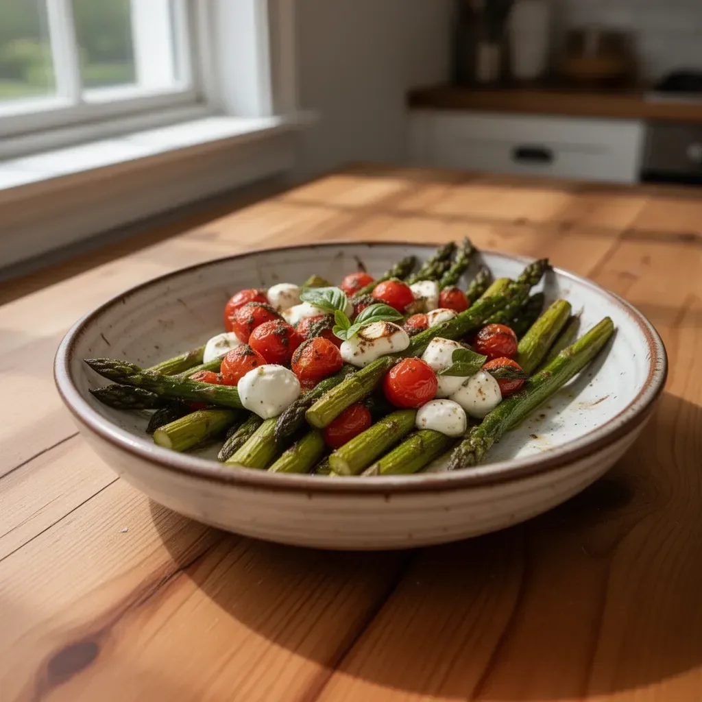 Deliciously roasted asparagus drizzled with Caprese-style dressing.