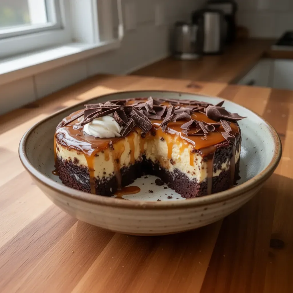 Delicious caramel brownie cheesecake with layers of brownie and cheesecake topped with caramel sauce