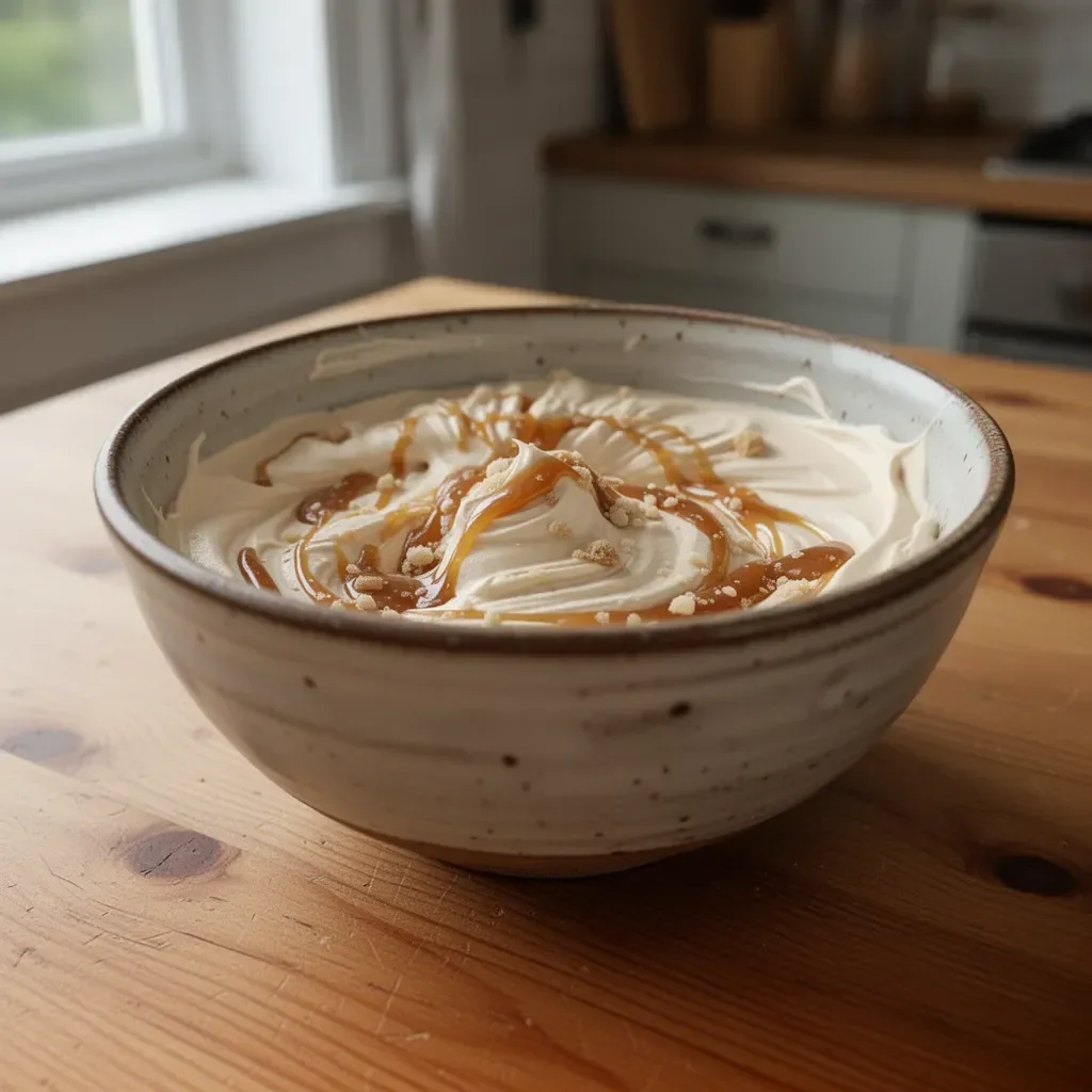 Delicious homemade Caramel Mousse topped with caramel drizzle